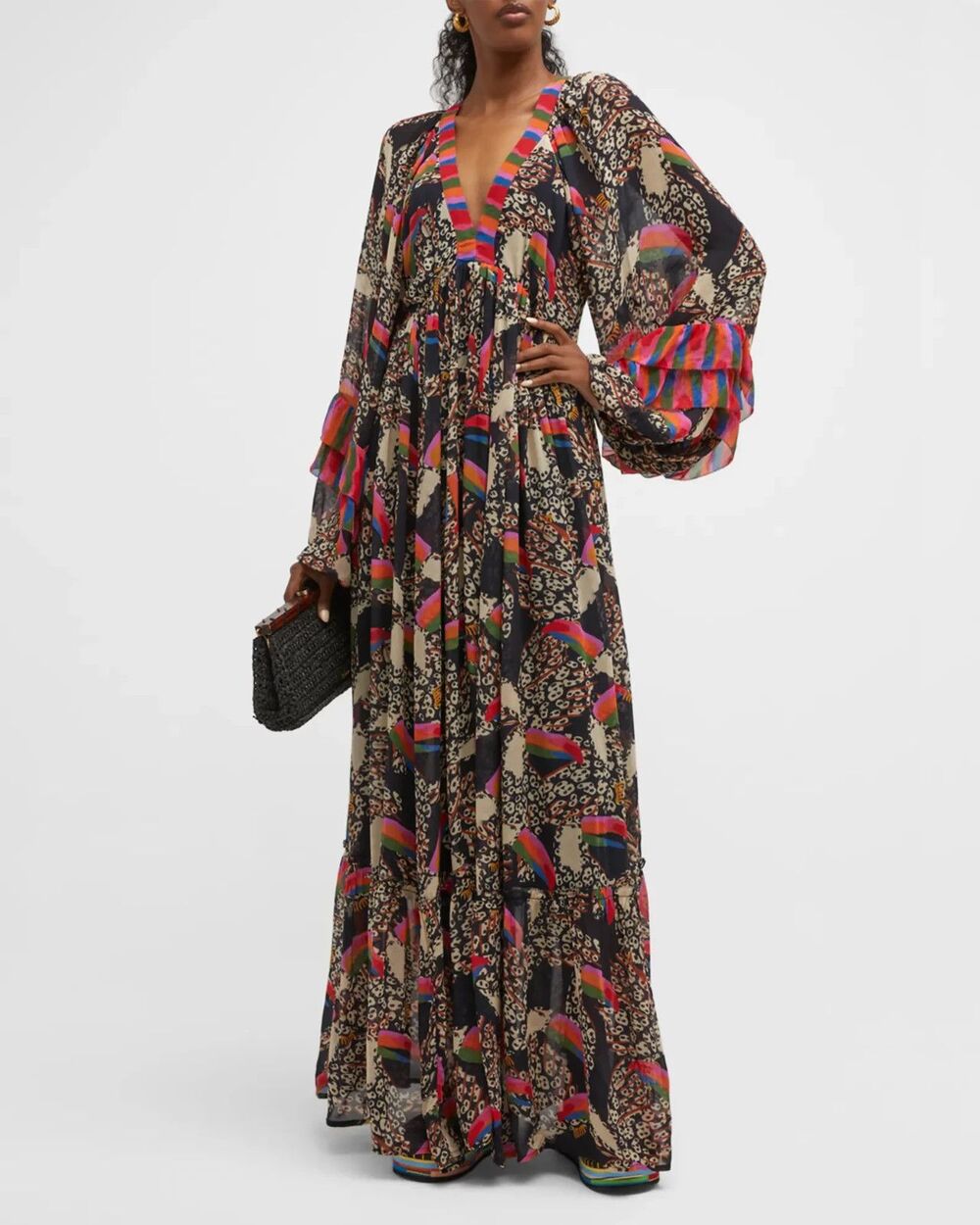 Farm Rio Maxi Dress, Leopard Toucan, Long sleeve, Small, New! Retail $315
